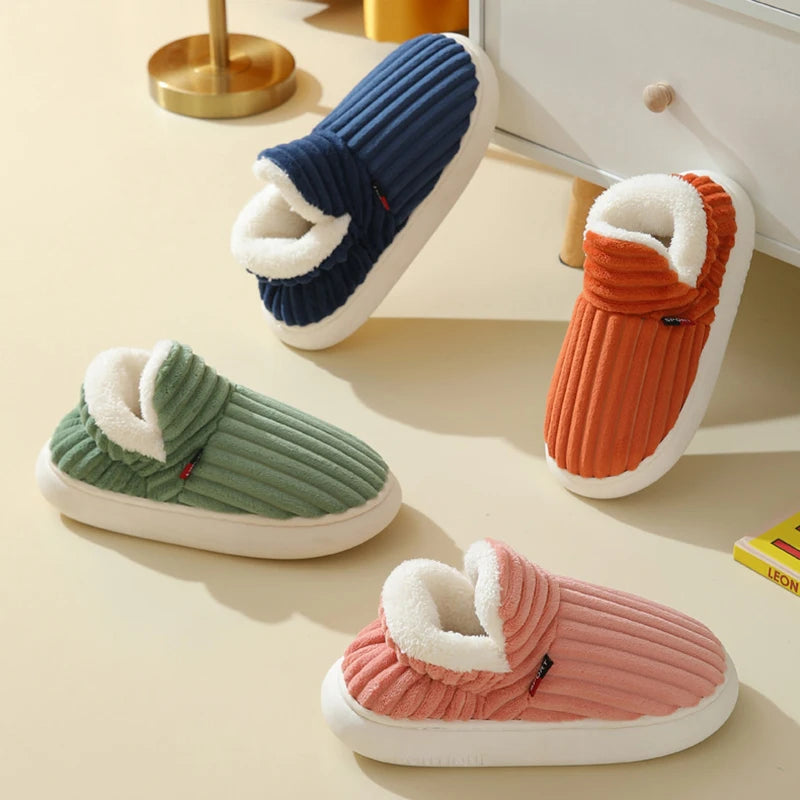 Cozy Winter Plush Corduroy Slippers | Non-Slip Indoor Shoes