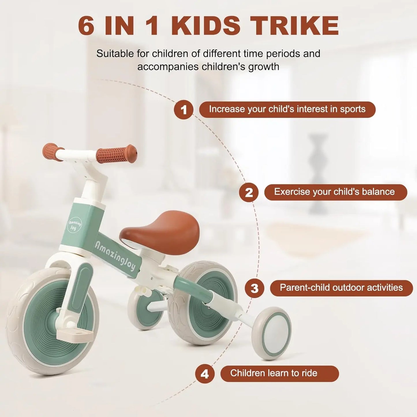6-in-1 Toddler Tricycle with Adjustable Seat and Training Wheels