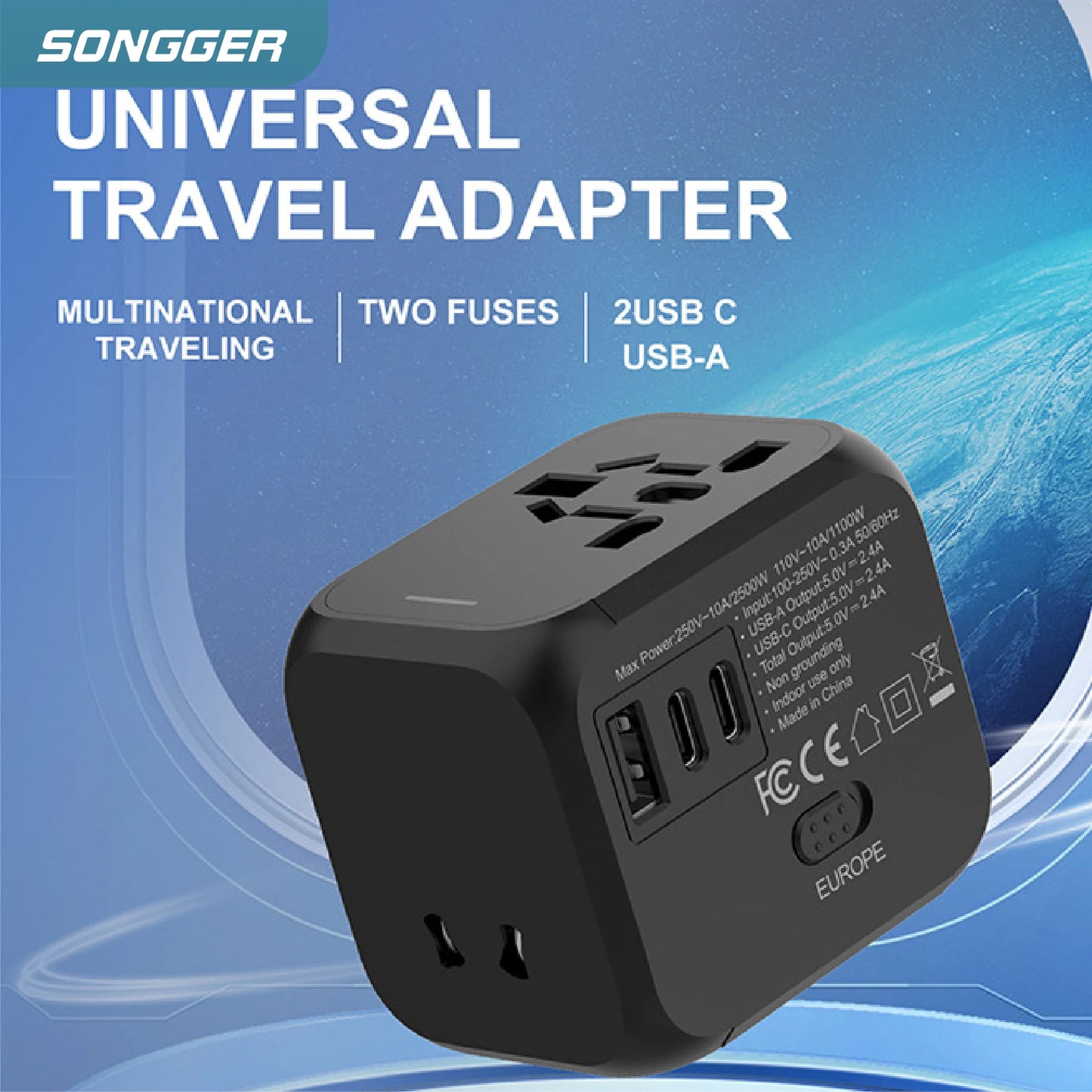 Universal Travel Adapter with USB-C & USB-A | Worldwide Compatibility