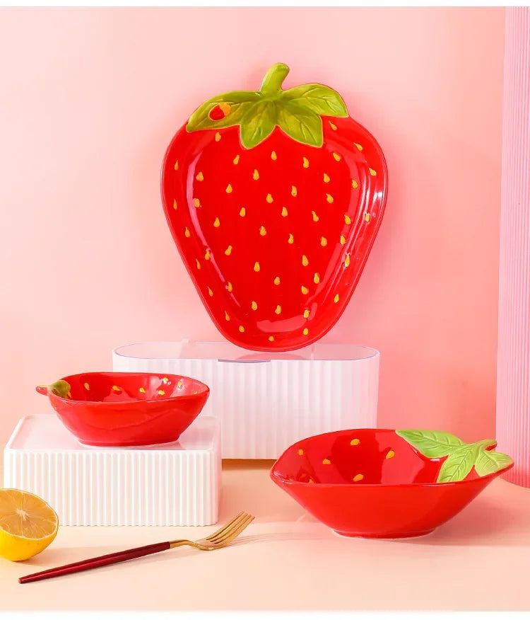 Creative Cartoon Strawberry Shaped Ceramic Salad Bowl | Fun Tableware