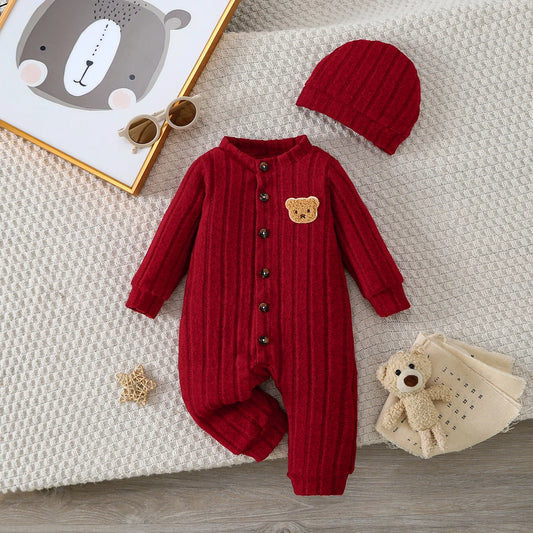Mameluco de bebé niño rojo acogedor para otoño e invierno con insignia de oso