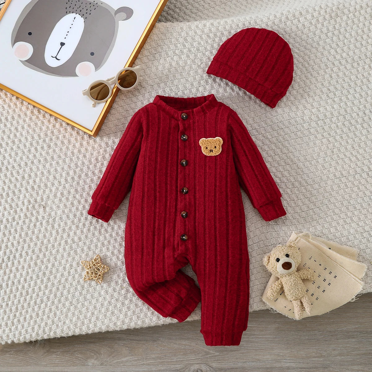 Adorable Baby Boy Red Onesie & Hat Set | Cozy Winter Outfit