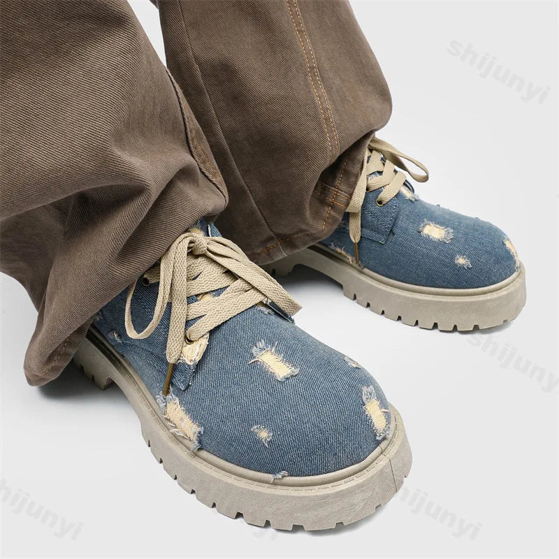 Comfortable Denim Low Top Boots with Thick Sole | Trendy Sneakers
