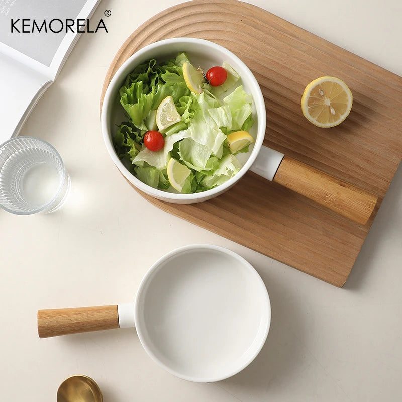 Ceramic Salad Bowl with Wooden Handle | Versatile Tableware