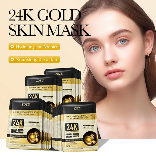 10pcs 24K Golden Hyaluronic Acid Face Masks for Glowing Skin