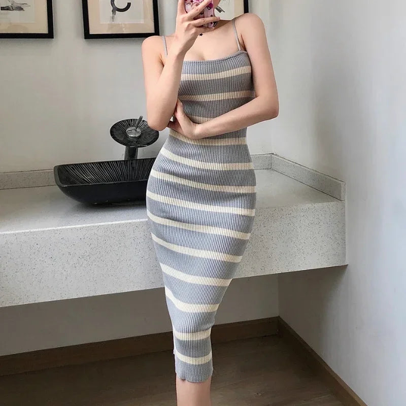 Summer Sexy Knitting Sleeveless Dress | Vintage Striped Bodycon Midi