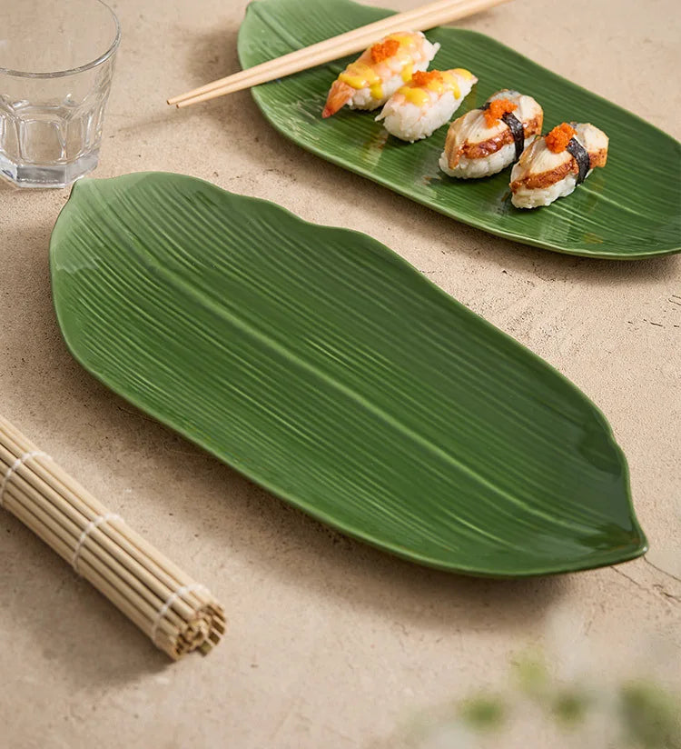 Elegant Green Bamboo Leaves Ceramic Sushi Plate for Desserts