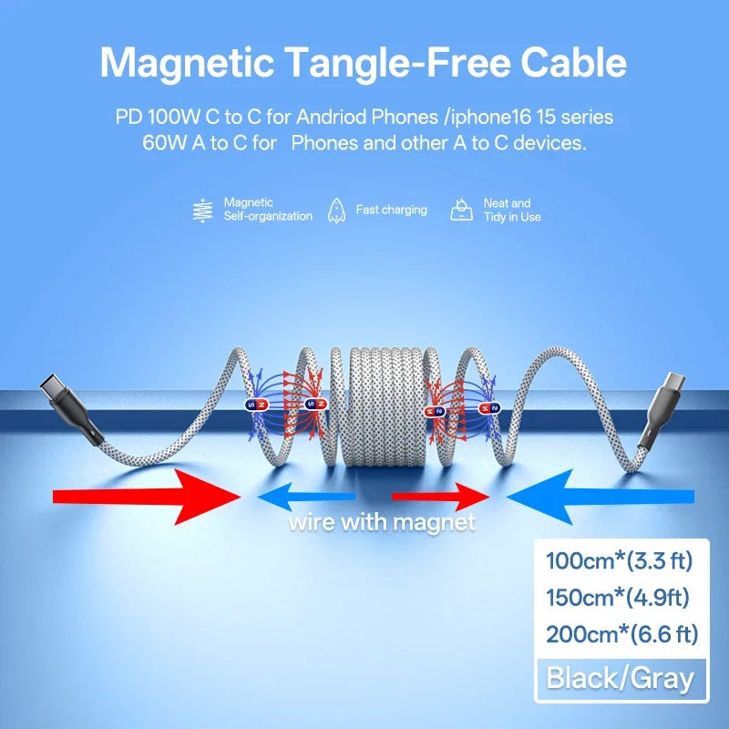 Magnetic Braided USB Type-C Car Charging Cable - 6A Data Transfer