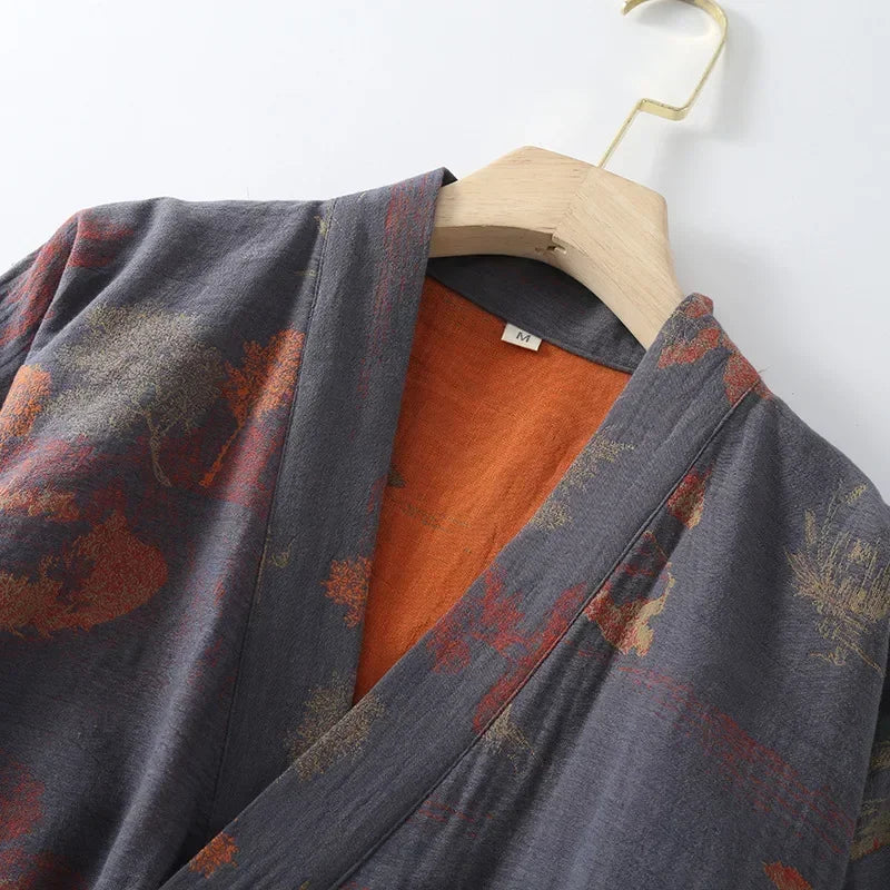 Roomwear Cotton Kimono Pajamas Men's Robes for Spring Jacquard Printed Home Clothing Medium Length Oversized Breathable Bathrobe