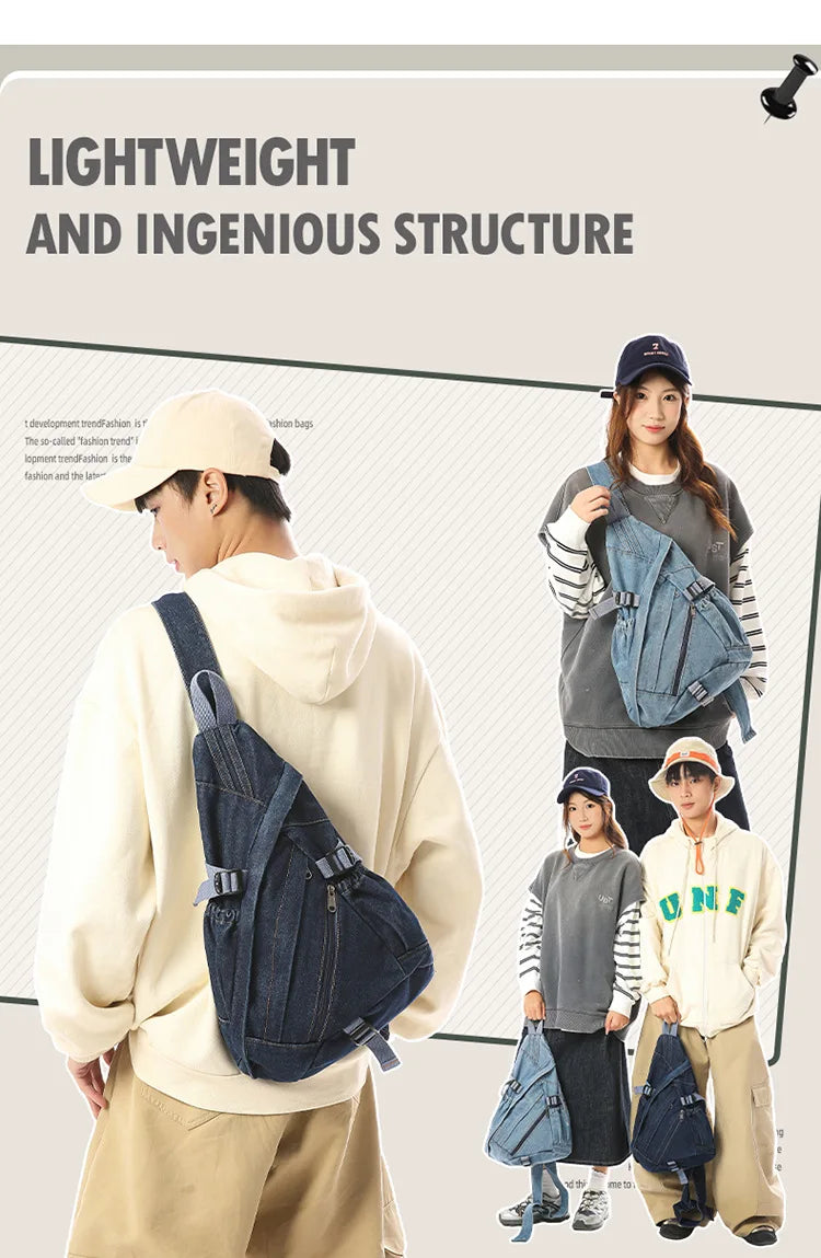 Vintage Washed Denim Sling Bag Man Woman Multifunction Retro Large Capacity Portable Motorcycle Chest Bag