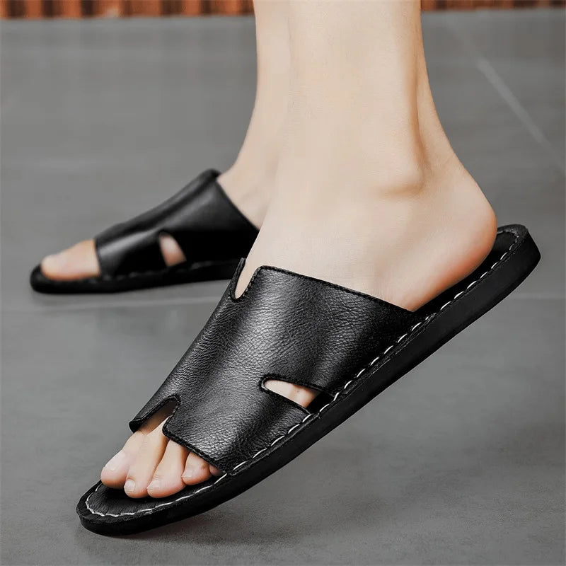 Men's Luxury Leather Slippers | Non-Slip Casual Wear for Summer