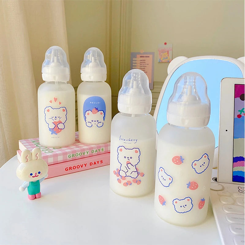 Kawaii Strawberry Bear Glass Water Bottle | Cute & Eco-Friendly