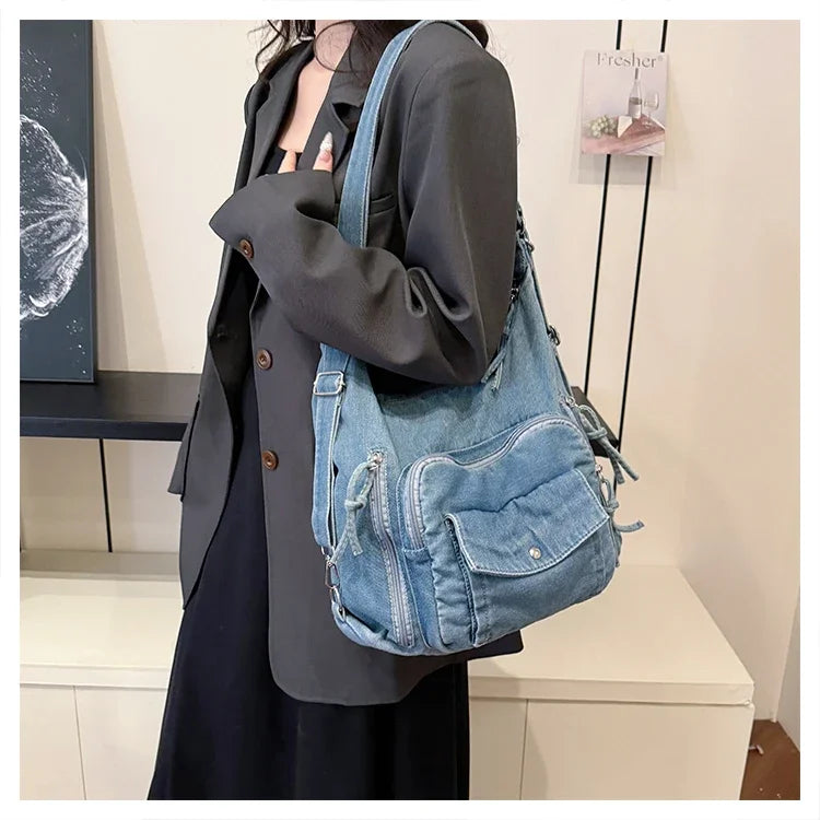 Trendy Solid Color Denim Shoulder Bag | Versatile Women's Crossbody