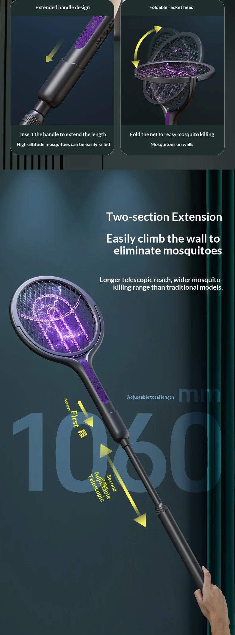 Rotating Head Bug Zapper Racket | Rechargeable Electric Fly Swatter