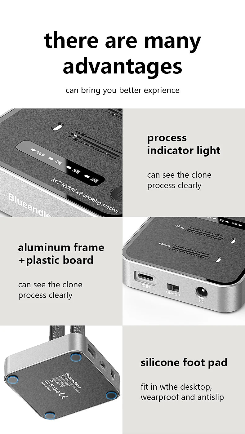 Dual-Bay M.2 NVMe SSD Cloning Dock | Fast USB 20Gbps Reader