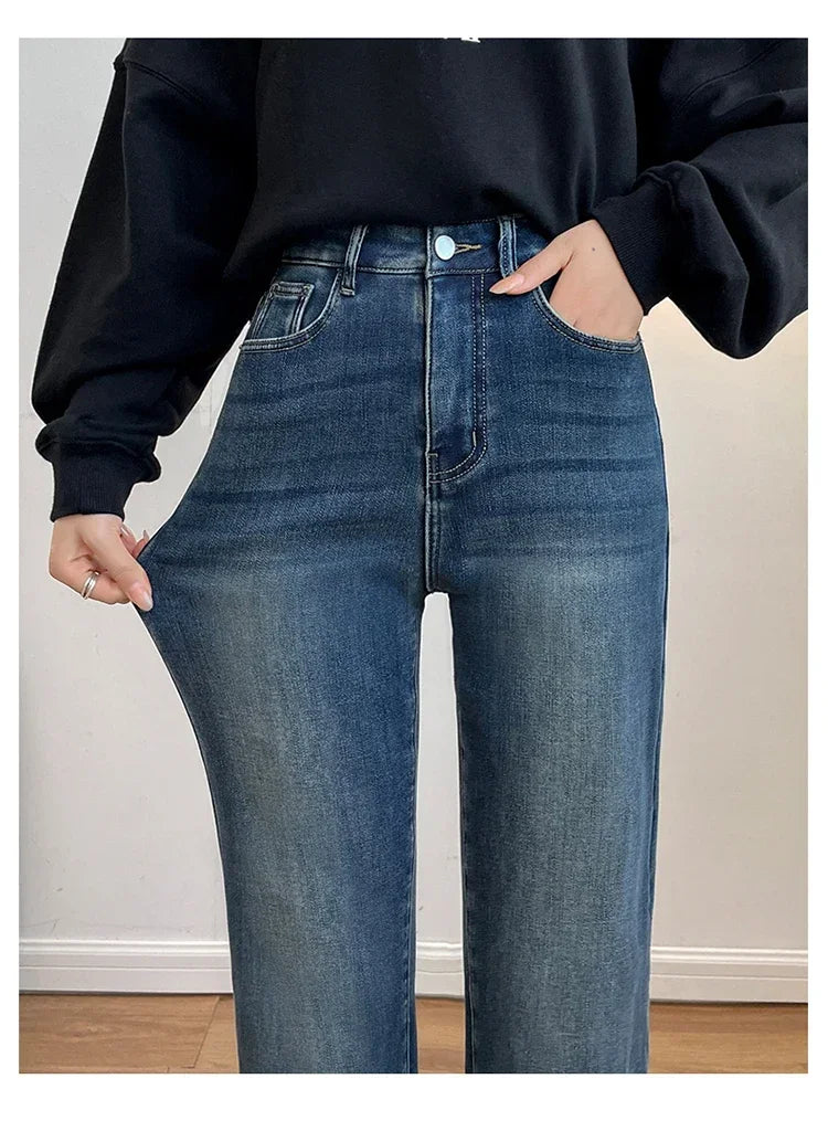 Women's Thickened Velvet Straight Jeans | Warm Fleece Pants