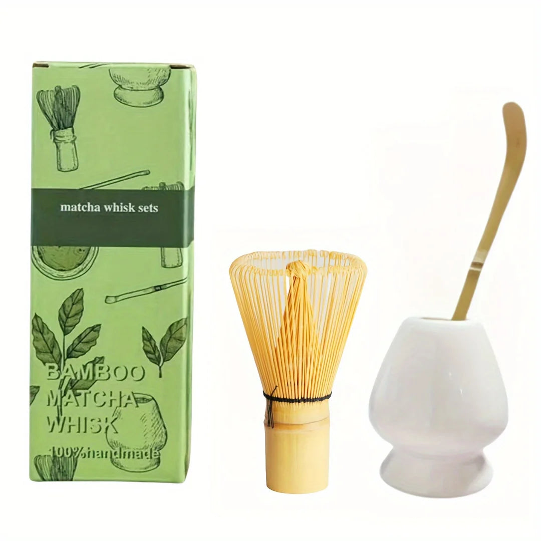 Matcha whisk set with green packaging on a white background