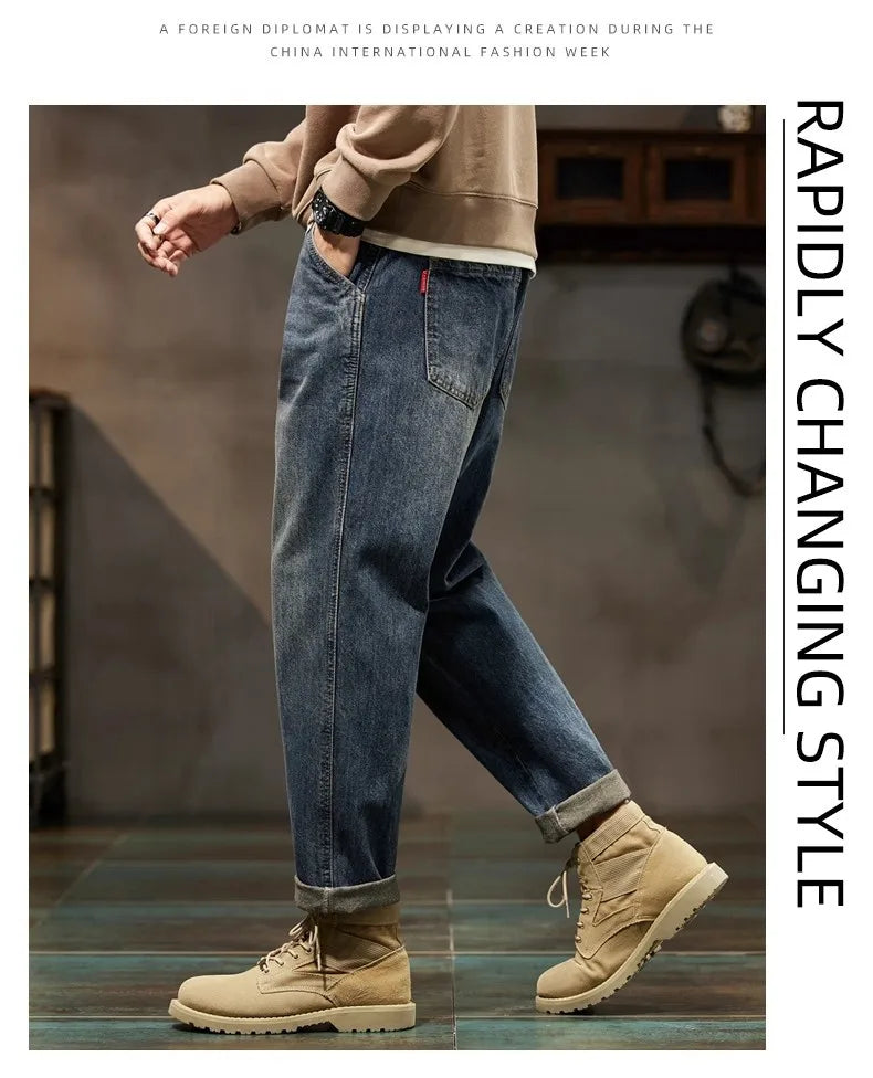 Retro American Style Men's Jeans | Loose Straight-Leg Denim Pants