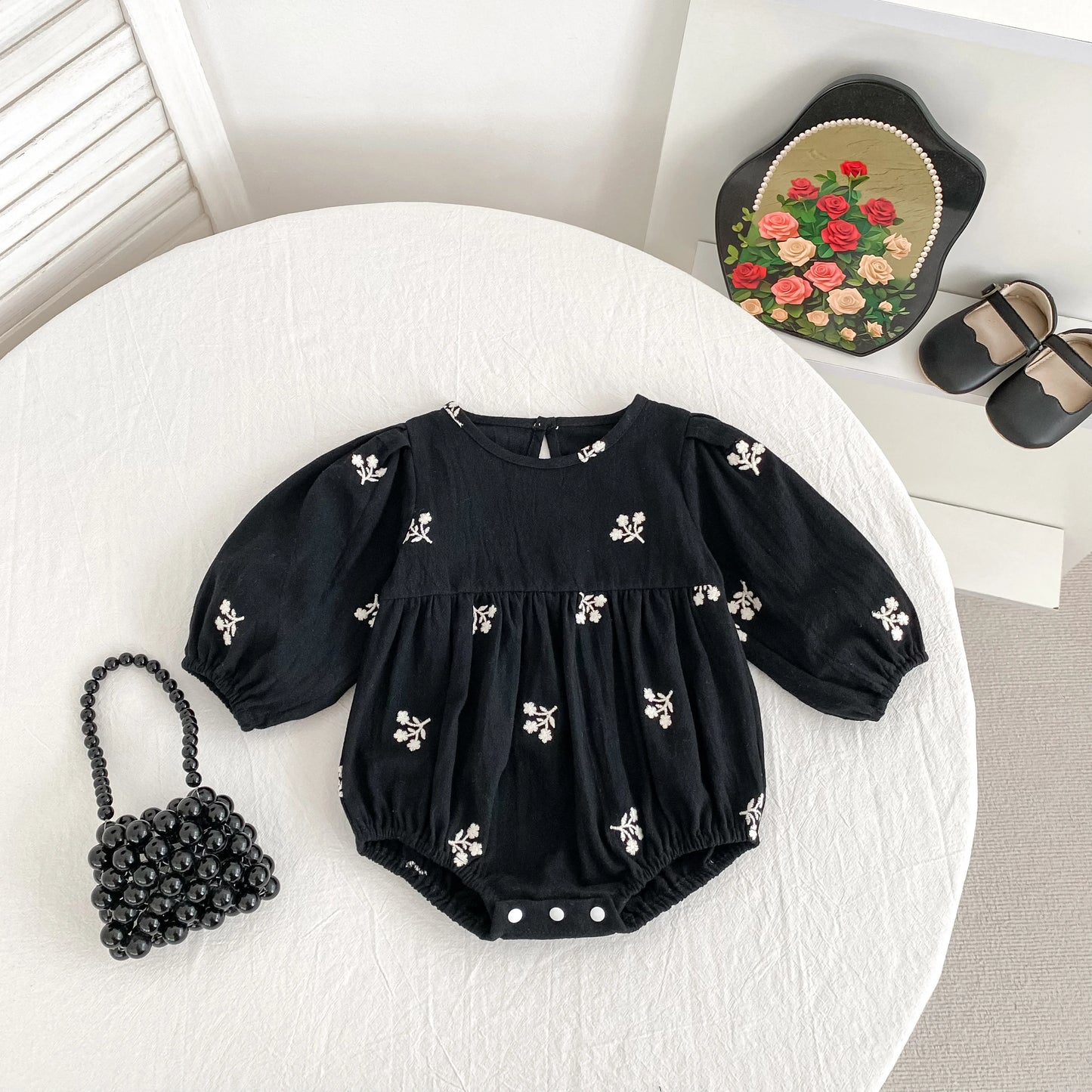 Baby Girls Embroidered Bow Romper | Cozy Autumn Jumpsuit