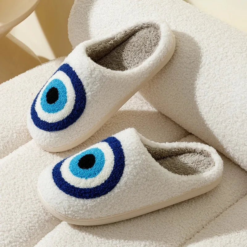 Women's Blue Evil Eye Plush Slippers | Cozy Indoor Nazar Shoes