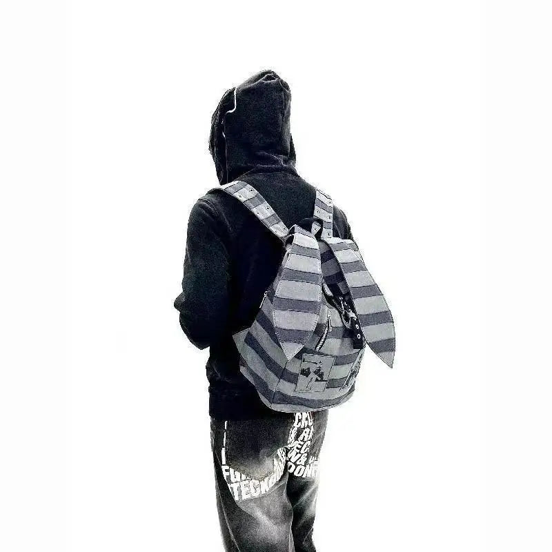 Vintage Striped Rabbit Ear Backpack | Unisex Punk Hip Hop Style