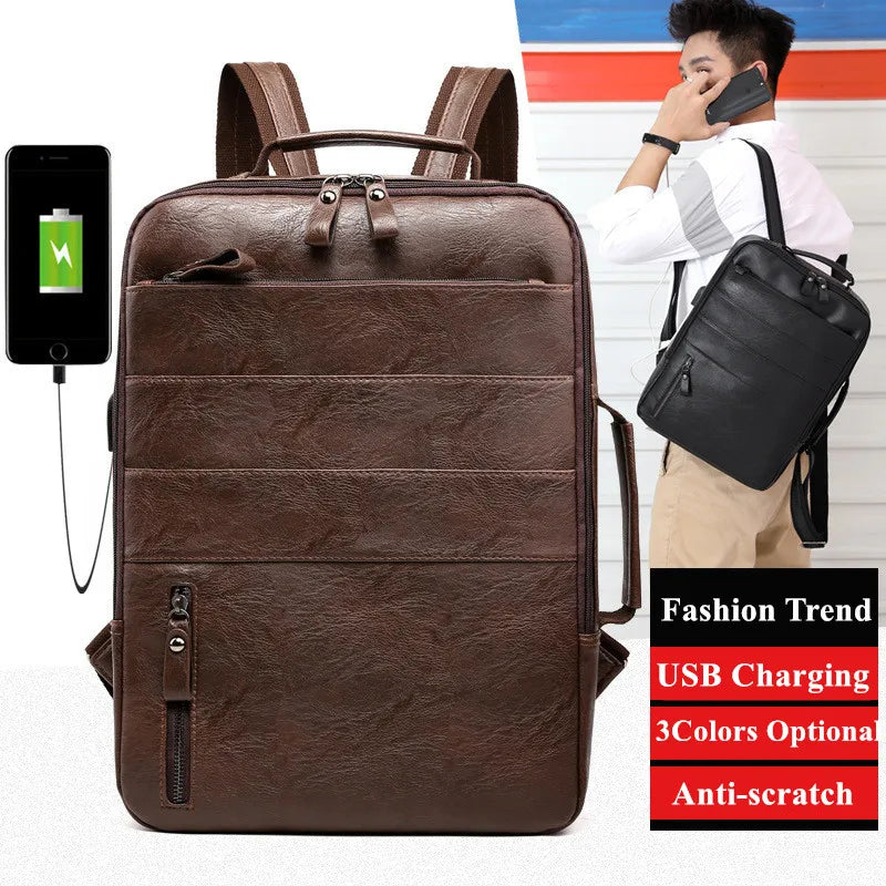 Waterproof PU Leather Business Backpack | Large Capacity USB Rucksack