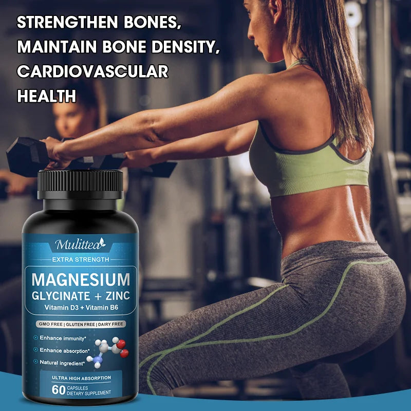 Supplement bottle with text about bone health and a person exercising in the background