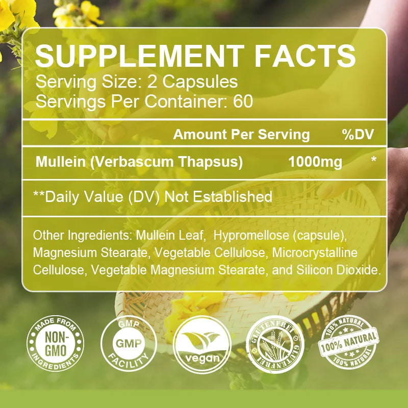 BEWORTHS Natural Mullein Leaf Capsules Support Immune and Digestive Health Lung Cleansing Relieve Asthma,Respiratory & Cough