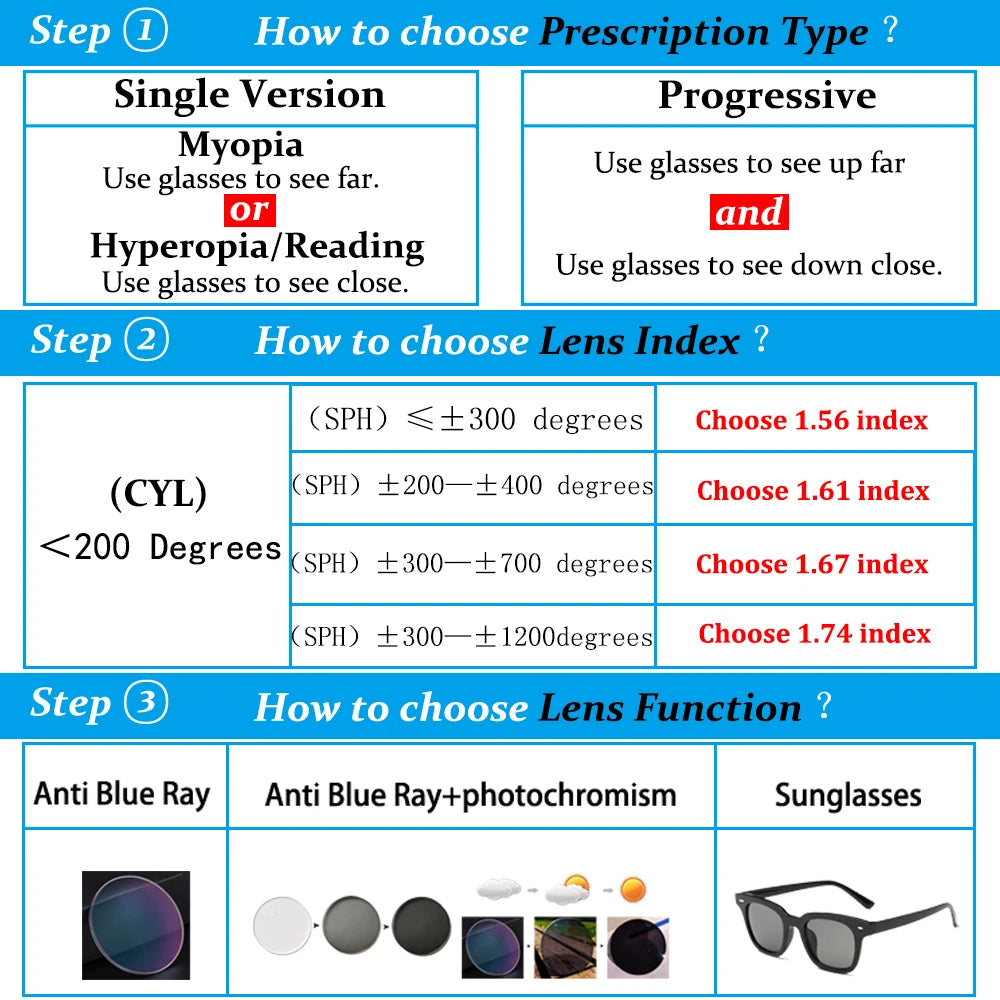 Myopia Eyeglasses with Anti Blue Light & Photochromic Lenses