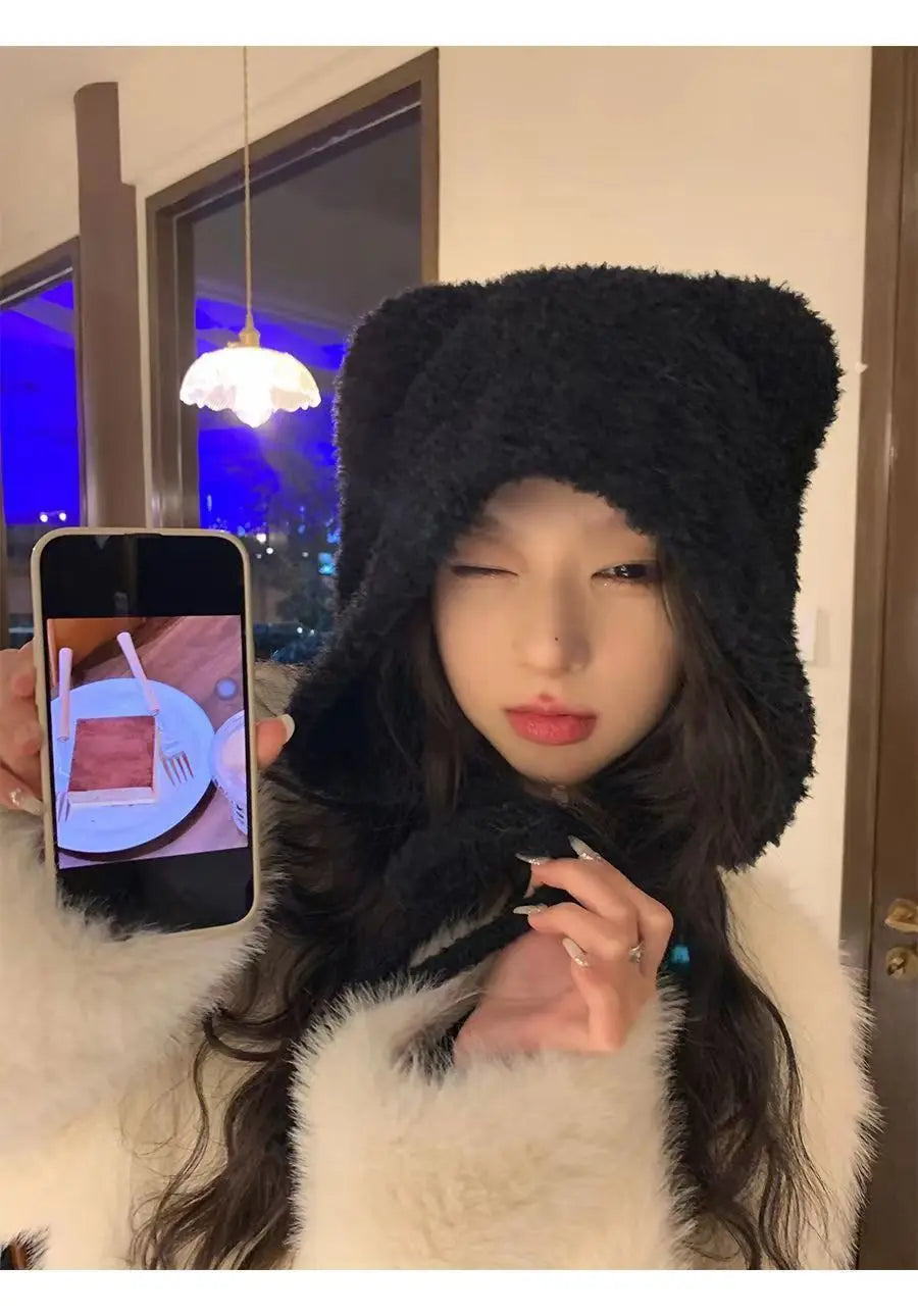 Women's Cute Bear Ear Plush Beanie | Cozy Winter Bomber Hat