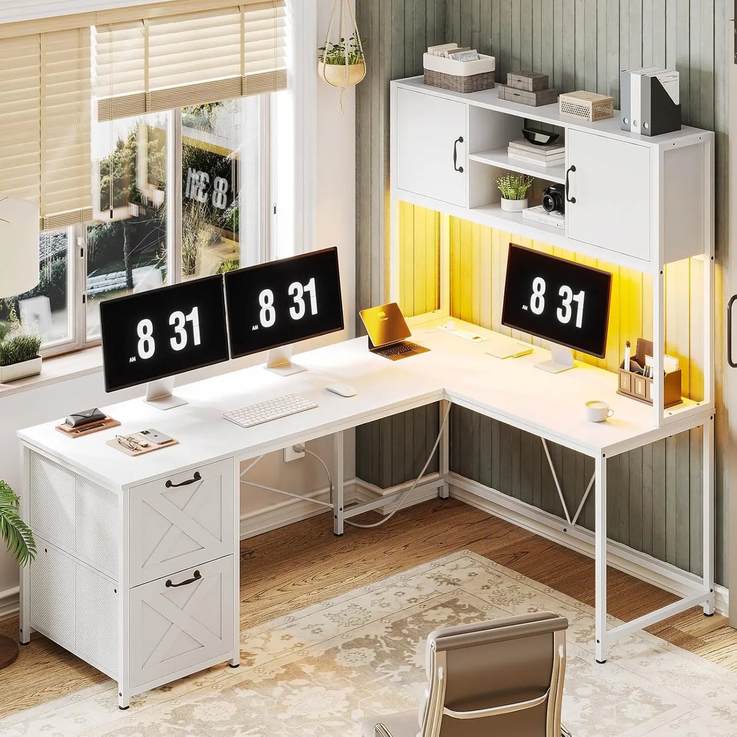 L-Shaped Gaming Desk with LED Lights & Storage Solutions