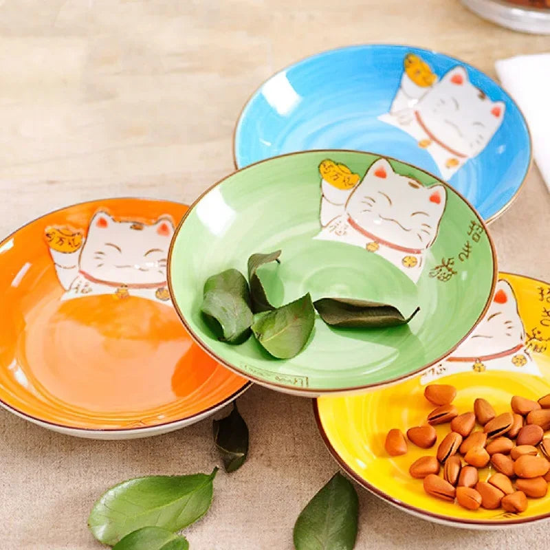 Multi-Color Cartoon Lucky Cat Round Ceramic Plate | Joyful Dining