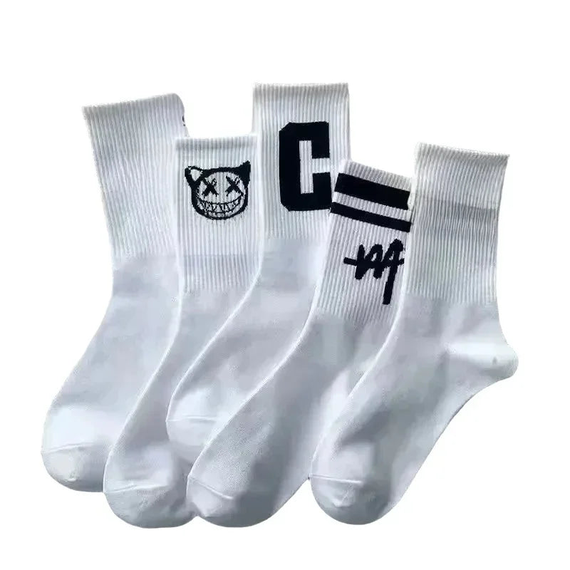 5 pairs of couples Instagram trendy socks with little devil pattern for students in spring and autumn, black and white sports ba