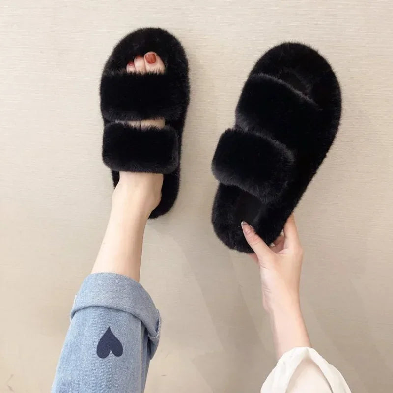 Cozy Double Fur Cross-Strap Plush Slippers | Warm Indoor Footwear