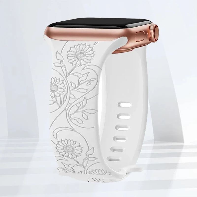 Floral Engraved Silicone Strap | Elegant Replacement Band for Apple Watch