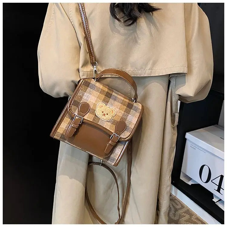 Cute Bear Backpack for Women | Vintage Plaid Student Bag