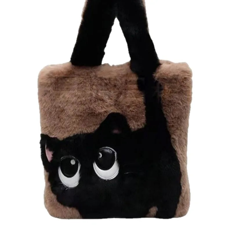 Cute Cartoon Women's Cat Pattern Tote Bag | Plush Shoulder Handbag