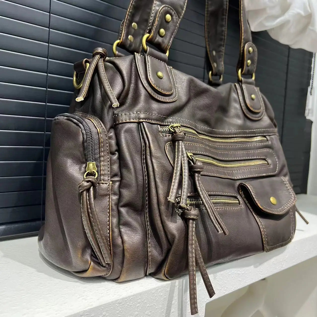 Vintage Washed Leather Crossbody Bag | Large Capacity Multi Pocket