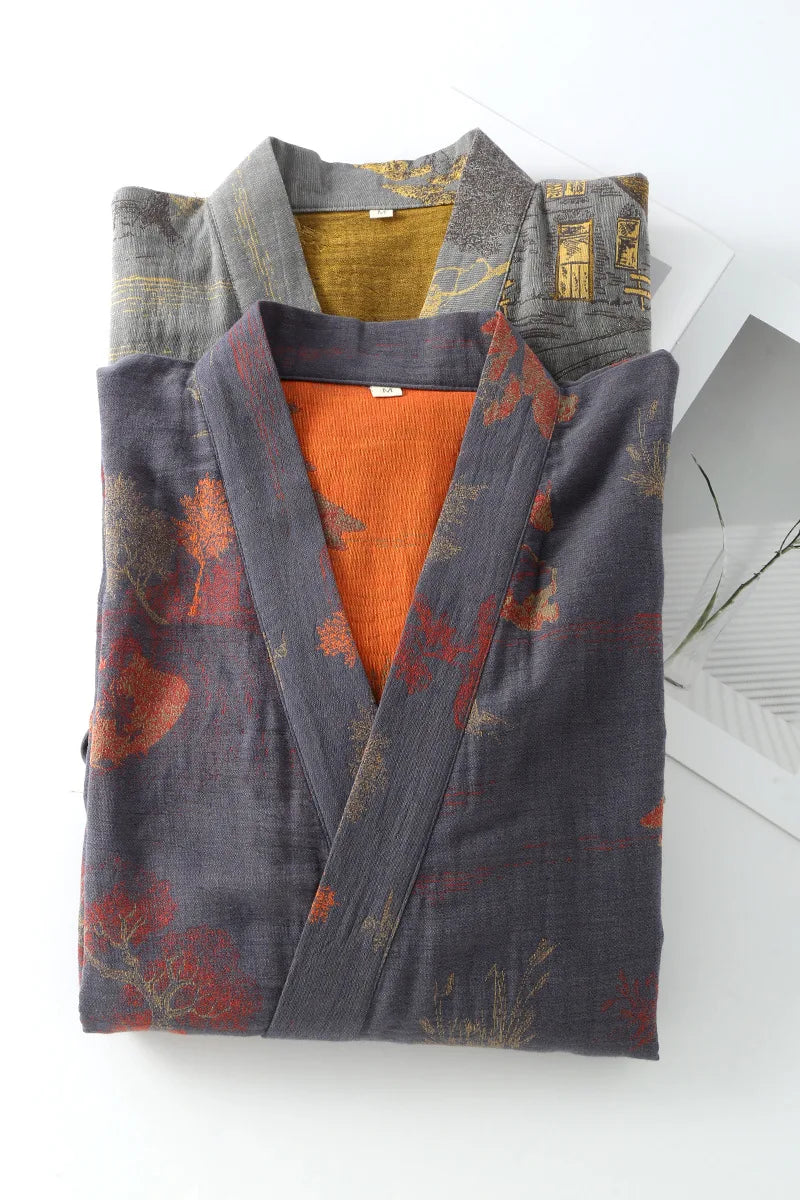 Roomwear Cotton Kimono Pajamas Men's Robes for Spring Jacquard Printed Home Clothing Medium Length Oversized Breathable Bathrobe