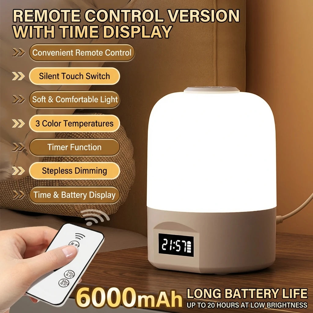 Touch Control LED Bedside Lamp with Clock & Dimmable Light