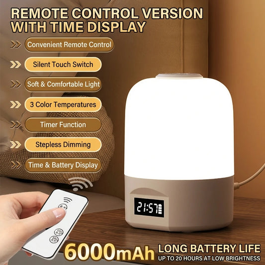 Lámpara de Mesita de Noche LED Táctil con Reloj y Luz Regulable