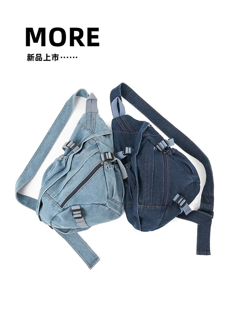 Vintage Washed Denim Sling Bag Man Woman Multifunction Retro Large Capacity Portable Motorcycle Chest Bag