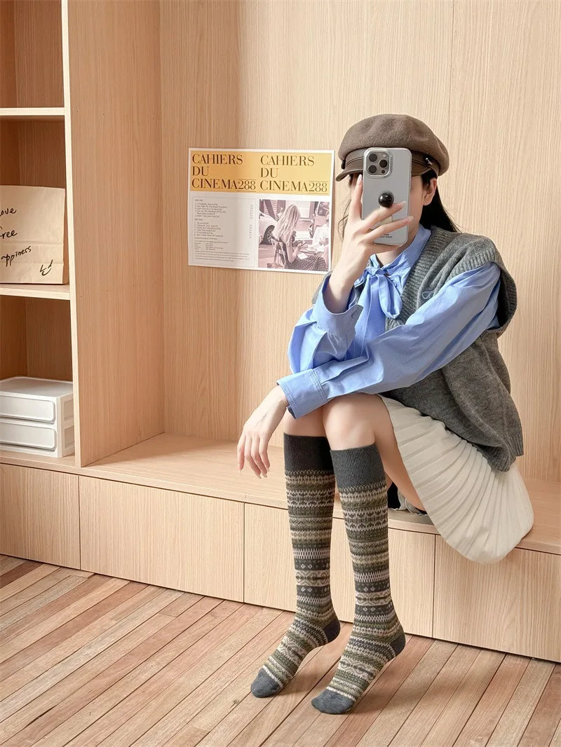 Women's Retro Knitted Knee Socks | Vintage Style for Autumn & Winter