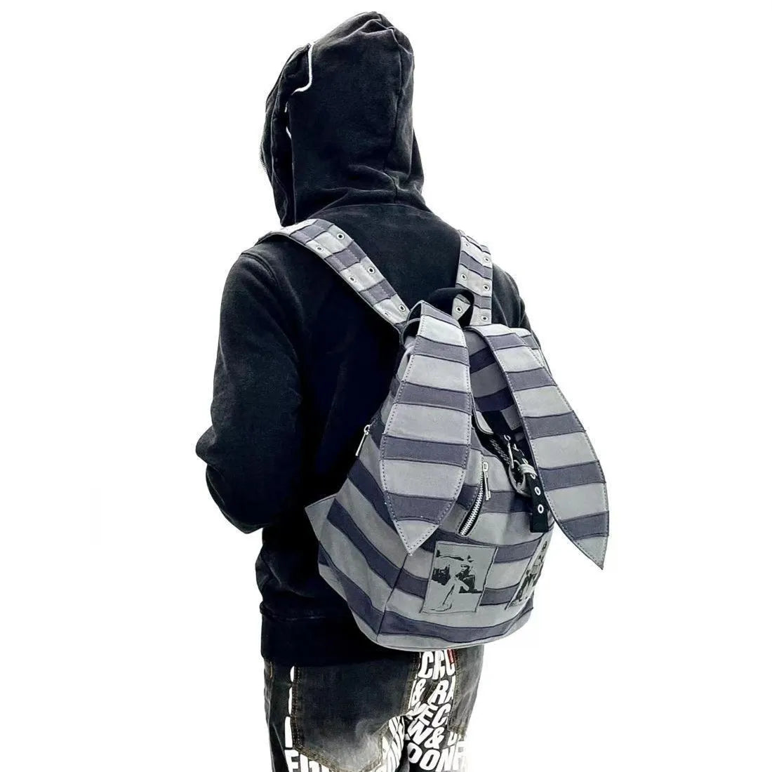 Vintage Striped Rabbit Ear Backpack | Unisex Punk Hip Hop Style