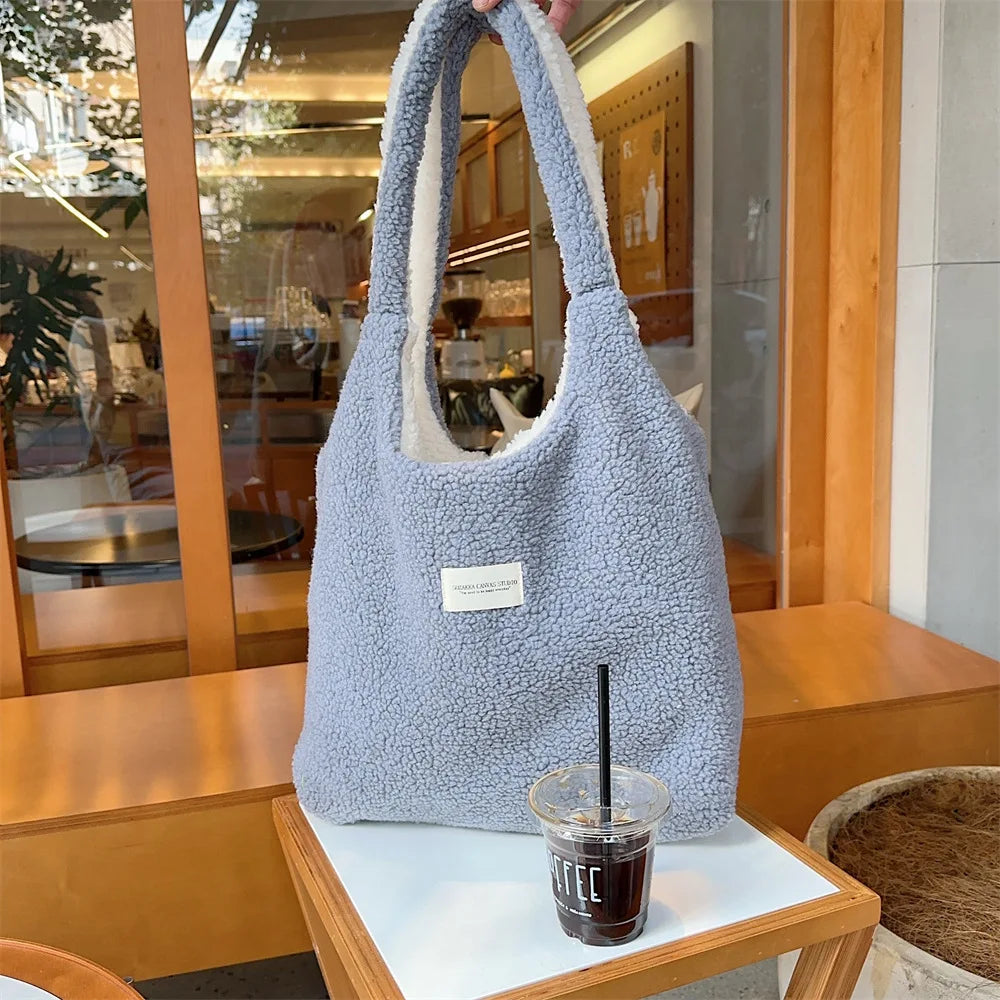 Reversible Plush Shoulder Bag for Women | Warm Fabric Tote