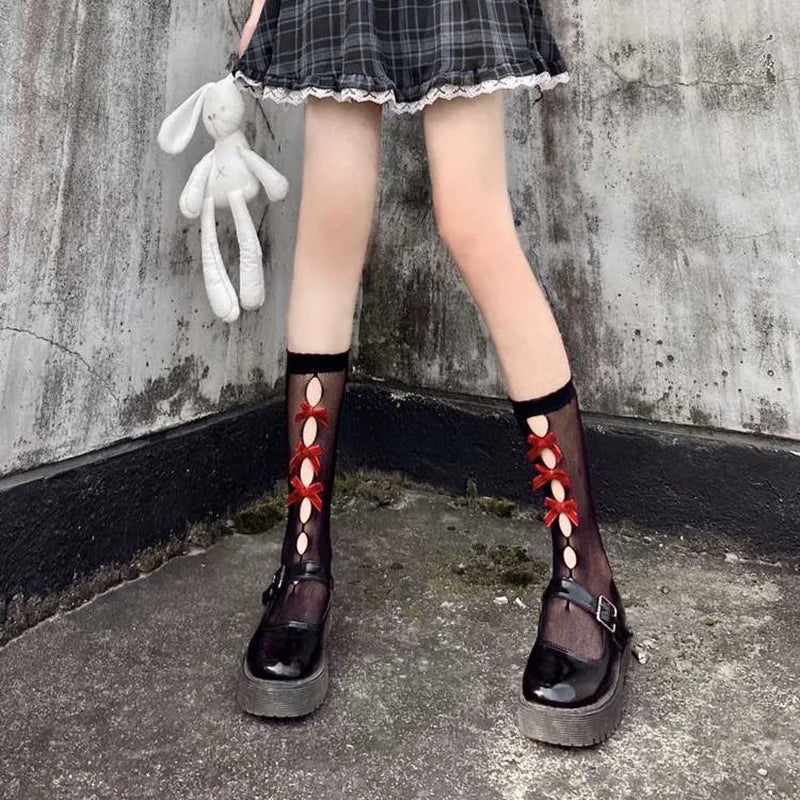 Kawaii Hollow Out Mesh Fishnet Socks | Cute Bow Long Stockings