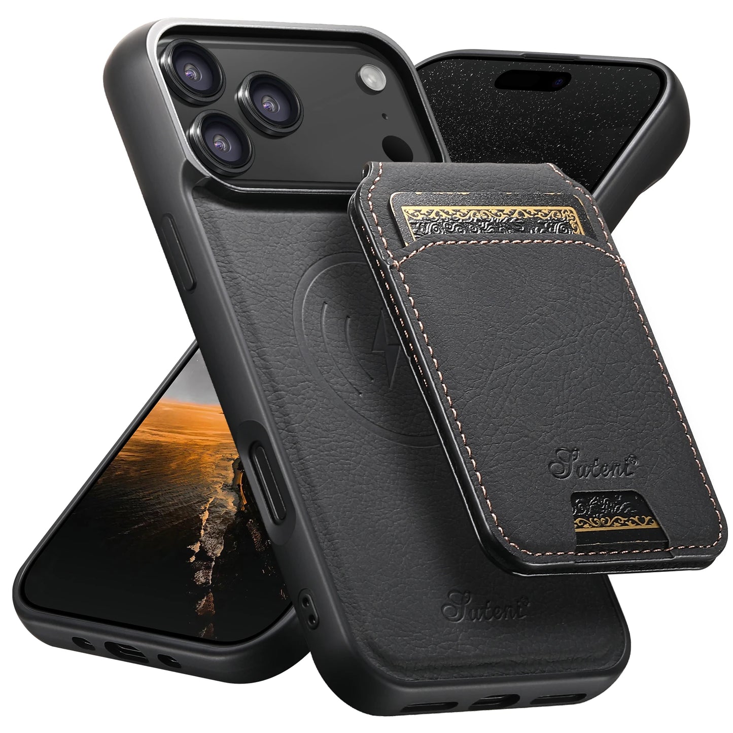 SUTENI Wireless Charging Phone Case Magnet Card Holder Stand Faux Leather For iPhone 17 Pro Max 16 Plus 15 14 13 12