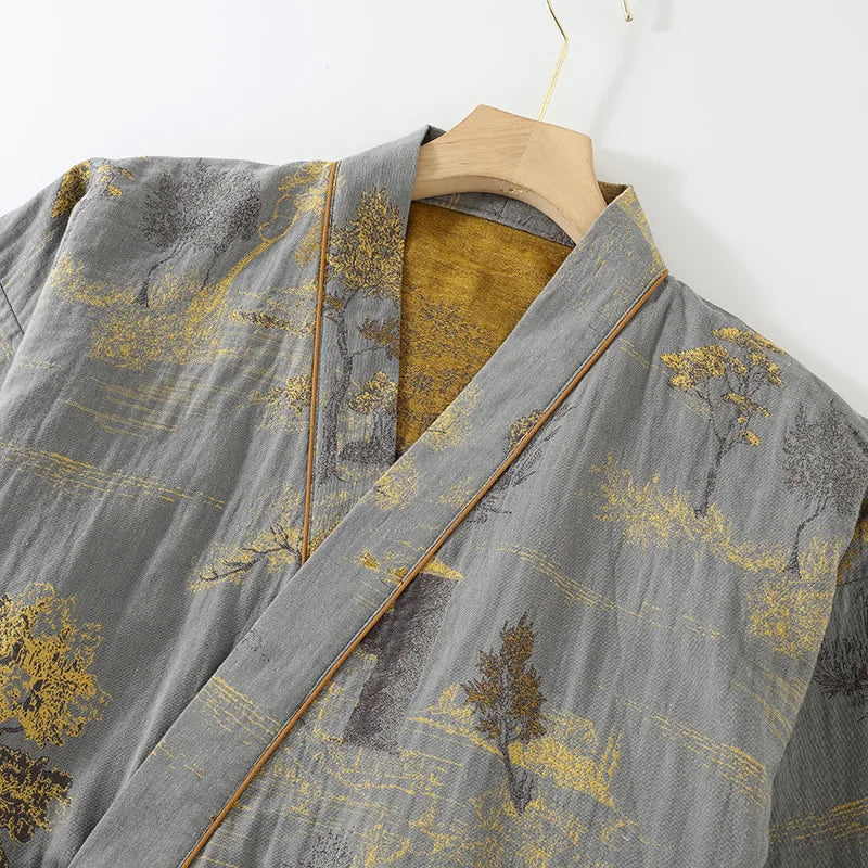 Roomwear Cotton Kimono Pajamas Men's Robes for Spring Jacquard Printed Home Clothing Medium Length Oversized Breathable Bathrobe