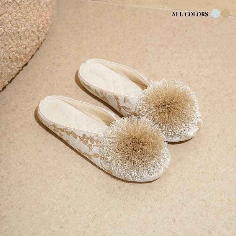 Ladies Indoor Cotton Slippers with Pom Poms | Stylish Comfort