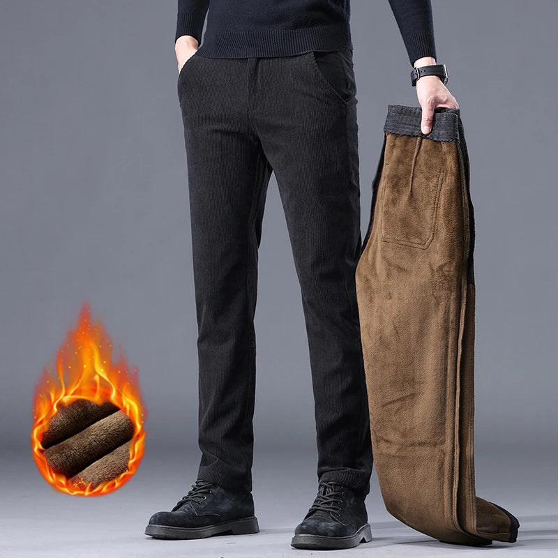 Men's Thick Fleece Corduroy Pants | Winter Warm Business Casual Trousers